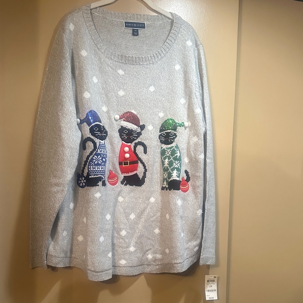 Karen Scott Festive Cat Sweater - Gray
